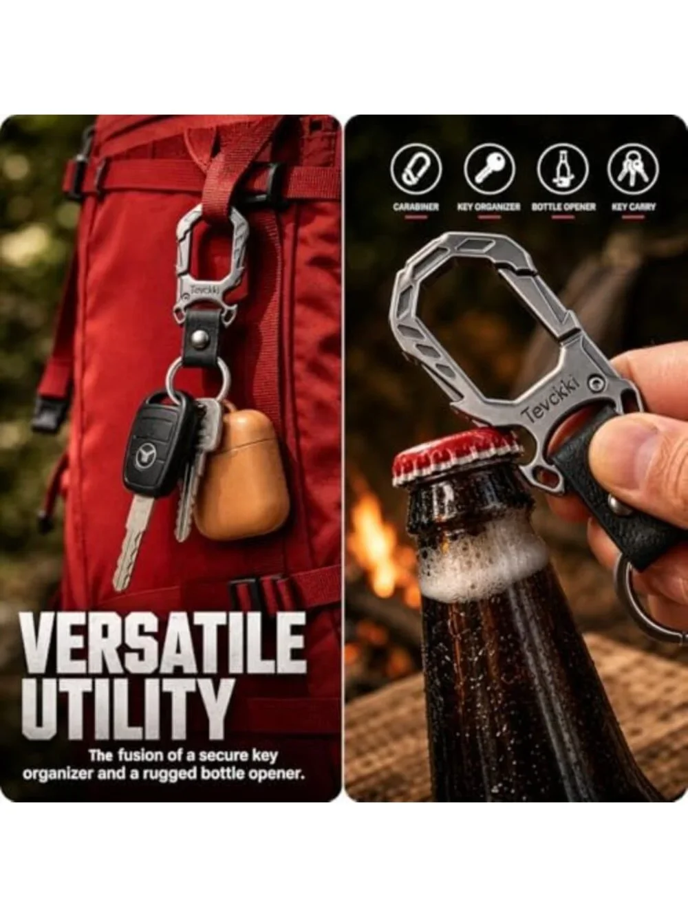 Tactical Leather Keychain with Carabiner, Bottle Opener & Clip - Unisex Key Ring